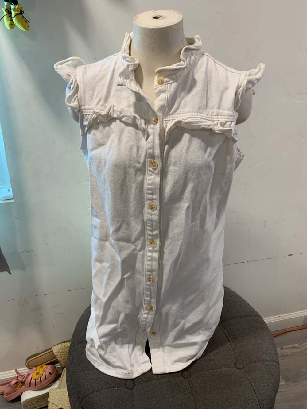 Savanna Jane Ruffled Button Down Denim Dress Size S White